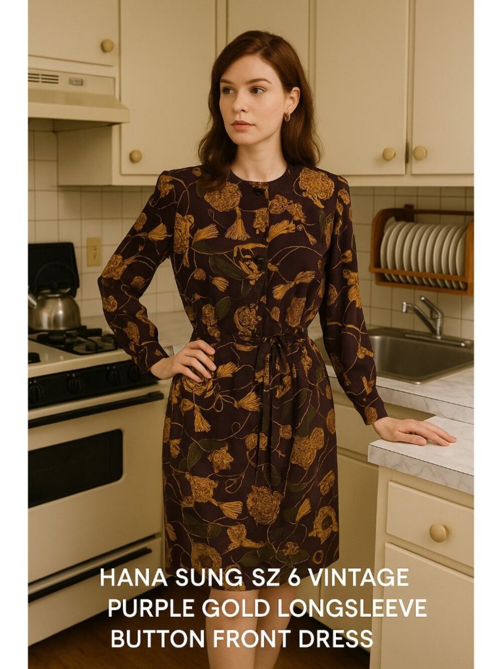 Hana Sung Size 6 Vintage Purple Gold Long Sleeve Button Front Dress